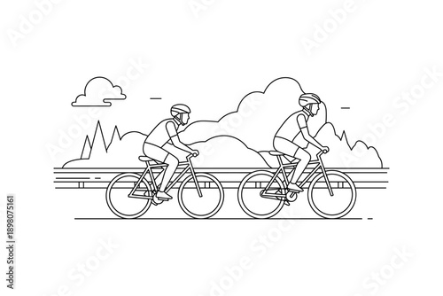 Cyclists riding through scenic landscape in linear style