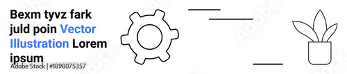Technology, productivity, workspace, minimalism, organization, industrial concepts. A gear symbol, horizontal lines plant icon and placeholder text in clean lines. Technology and productivity