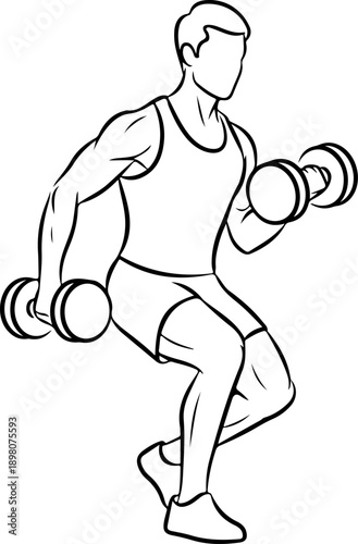 A muscular man lifting dumbbells in a dynamic pose, exercising in a fitness routine.