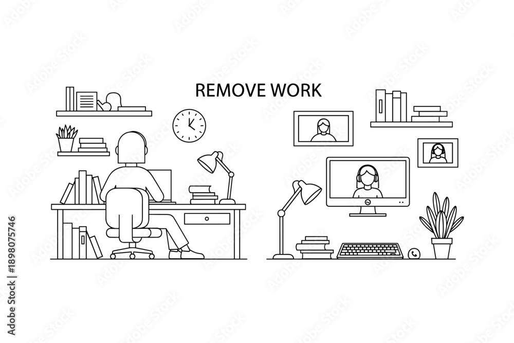 Naklejka premium Minimalist home office setup with remote work concept in linear style