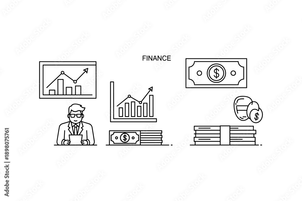 Fototapeta premium Minimalist financial icons: finance graphs, money, businessman, and coins