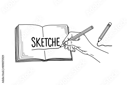 Hand drawing on sketchbook with pen in linear style