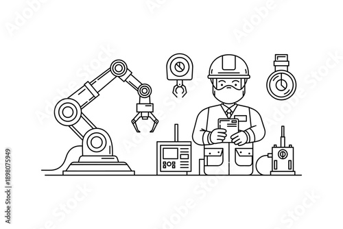 Industrial automation: engineer and robotic arm in linear design