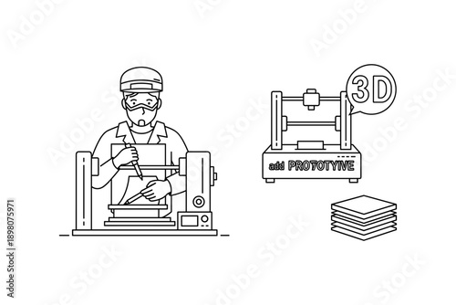 3d printing process with technician and additive manufacturing prototype line art