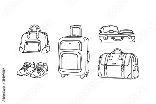 Minimalist linear travel gear with luggage, bags, and sneakers set