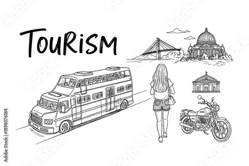Travel adventure concept with tourist, landmarks, and transportation in linear style