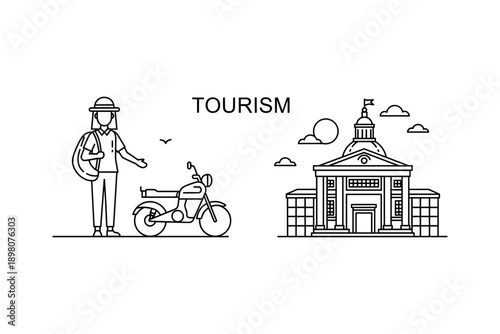 Minimalist travel scene with tourist and city landmark in linear style