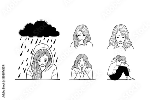 Depressed young female with rain cloud and sad expressions in line art style