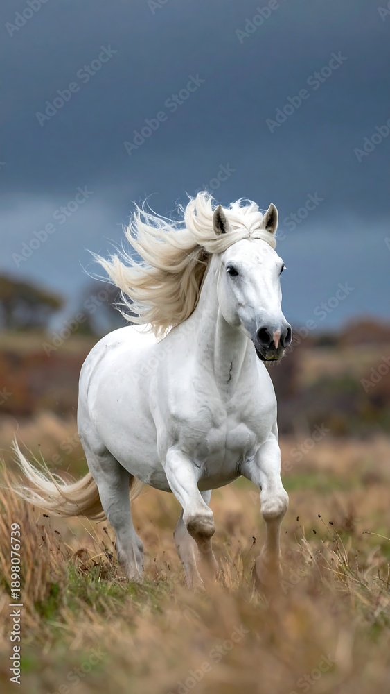 Obraz premium A white horse runs through a field with a stormy sky