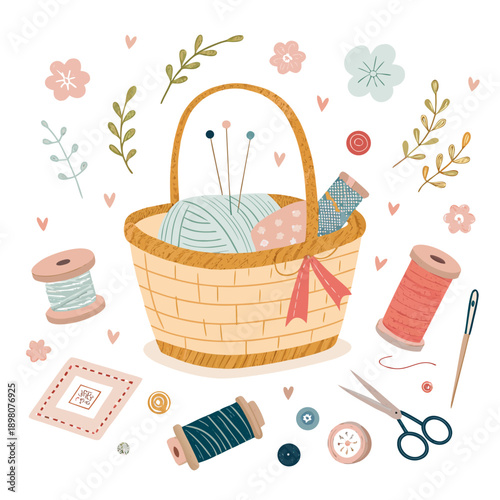 Sewing basket with threads, needles, and scissors surrounded by flowers in a whimsical illustration from a top-down viewpoint