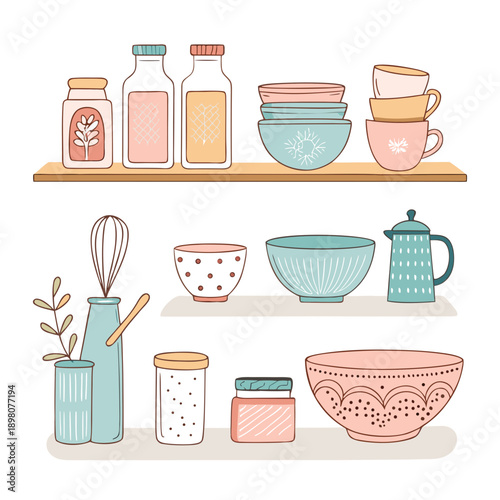 Kitchen Utensils and Crockery Arranged on Shelves, Displaying Various Household Items, Domestic Scene, Vector Illustration, Top View