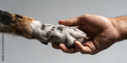 Human hand holding dog paw symbolizing trust