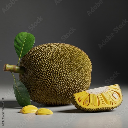 Jackfruit whole and sliced fresh tropical fruit studio composition neutral lighting