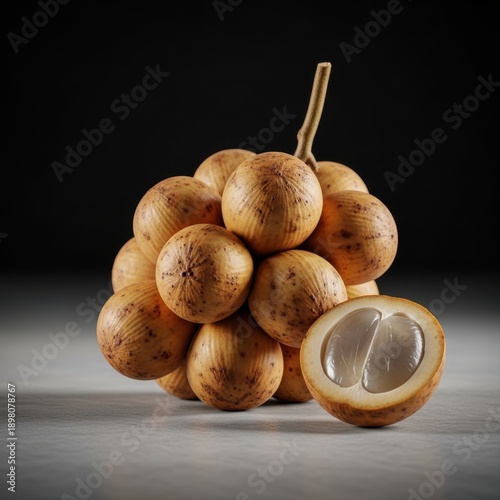 Longan fruit stack cut section showing flesh dark background studio lighting