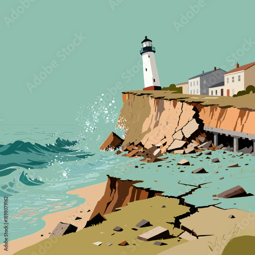 Coastal erosion and cliff collapse near lighthouse and seaside village illustration