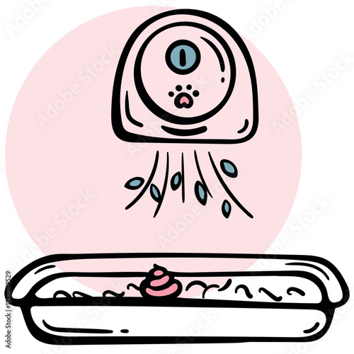 Smart pet litter box deodorizer icon, automatic electronic odor eliminator for cat toilet, fresh air purifier doodle, vector illustration.