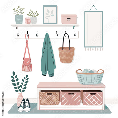 Coat rack with hooks, storage bench, and baskets in a modern entryway scene