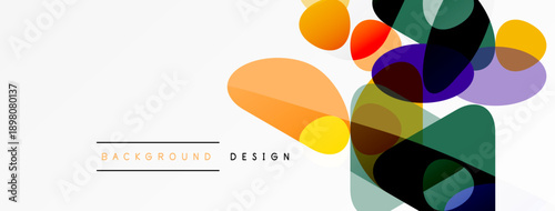 Abstract colorful shapes overlap, creating dynamic visual composition. Minimalist design with text elements present. Bright hues dominate.