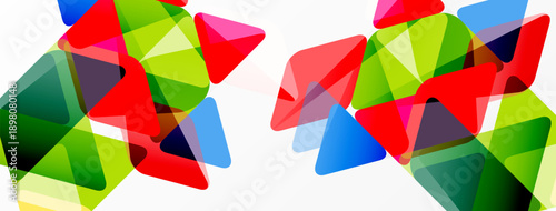 Abstract triangles overlap, creating vibrant color blends. Shapes vary in size, forming dynamic composition. Bright hues dominate white background.