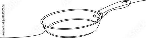 A continuous line drawing of a frying pan viewed from above on a clean background