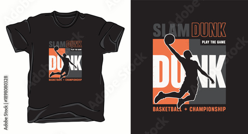 Slam dunk play game basketball championship, athlete jumping with ball for sport event