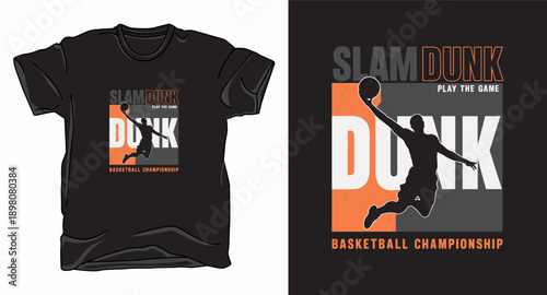 Slam dunk play game basketball championship, athlete jumping with ball for sport event