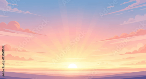 cartoon sunrise landscape with warm soft light gentle sky colors simple horizon calm morning mood clean composition wide view stock illustration