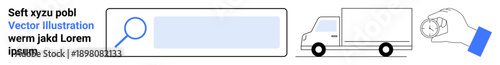 Online shopping, delivery services, payment processing, search functionality, e-commerce logistics, transaction concepts. Search bar, truck hand with a coin. E-commerce and logistics