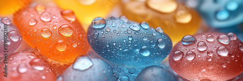 Colorful glass stones with water droplets close up Generative AI