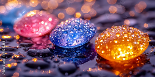 Colorful glass stones with water droplets in close-up view Generative AI