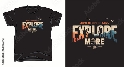 Adventure begins explore more t-shirt design with mountain landscape and hikers graphic