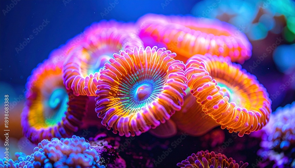 Obraz premium Close up of beautiful pink coral with yellow centers in the tropical ocean reef