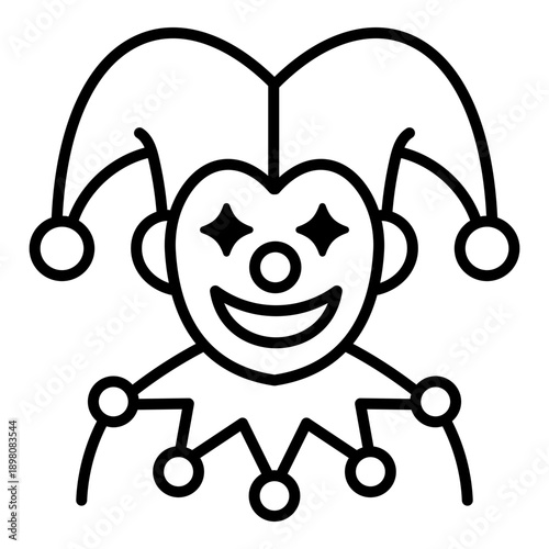 Clown face icon, symbolizing circus, fun, and entertainment. Line style illustration for festivals, parties, and carnival themed designs.