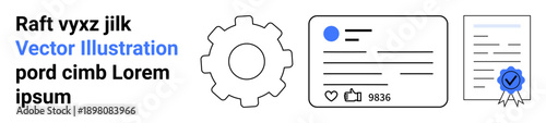Social media, user interface, digital certificates, workflows, online identity, technology. Gear illustration with profile card and certified document. Social media and digital certificates
