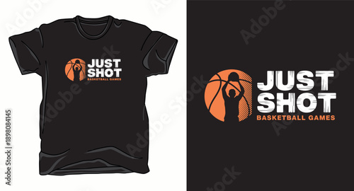 Basketball t-shirt design featuring a player in a shooting pose with text just shot basketball games