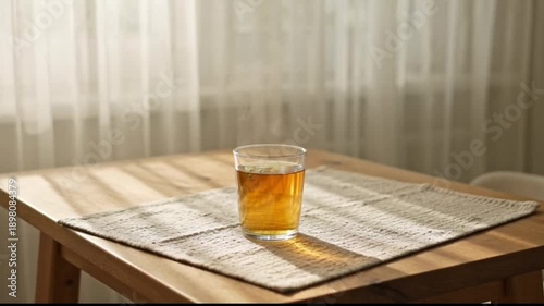 Wallpaper Mural Steaming hot herbal tea in glass cup on wooden table by window Torontodigital.ca