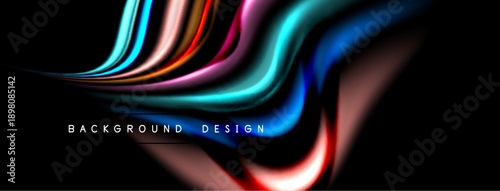 Abstract colorful waves flow across black background. Dynamic design features vibrant hues, smooth curves, modern aesthetic.
