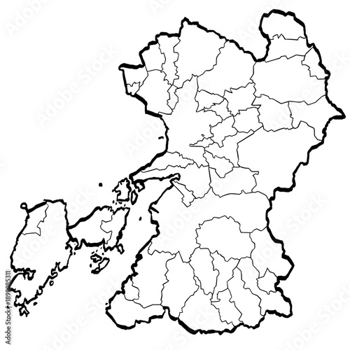 熊本県地図 筆タッチ 市町村区分 和風 九州 西日本 /  A brushstroke map of Kumamoto prefecture 2
