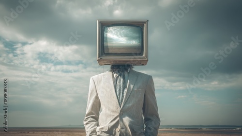 Surreal television-head figure standing in deserted landscape.
