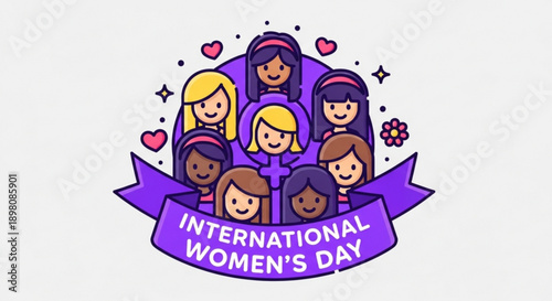 Diverse group of cartoon women celebrating international women's day with purple banner and hearts