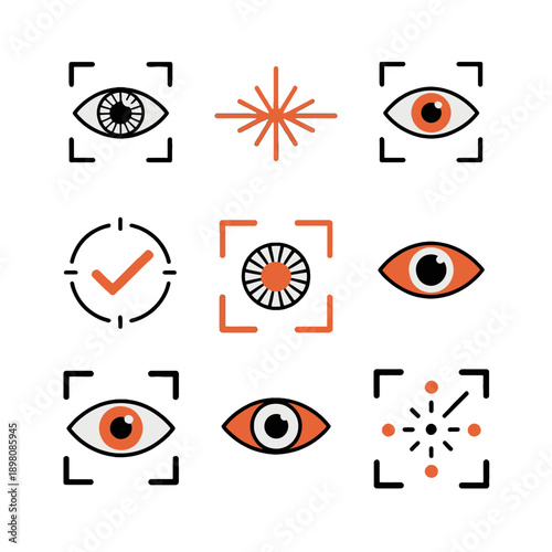 Professional vector icons for secure spatial logins and iris identification. These biometric assets optimize AR privacy controls, authentication workflows, and advanced eye-tracking security.