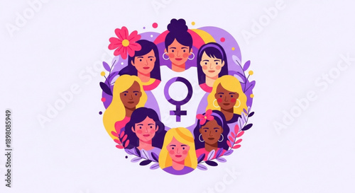 Diverse group of women surrounding female symbol illustration with flowers and soft colors
