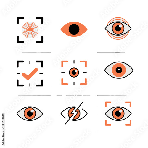 Professional vector icons for secure spatial logins and iris identification. These biometric assets optimize AR privacy controls, authentication workflows, and advanced eye-tracking security.