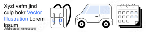 Travel, transportation, schedule management, activity planning, organization tools, lifestyle. Backpack, car and calendar icons in a minimalist style. Travel and schedule management visually