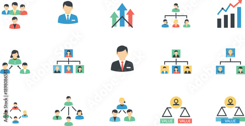 Business Leadership and Team Hierarchy Icon Set Showing Management Structure, Organizational Growth, Employee Groups, Performance Evaluation, and Corporate Strategy Concepts