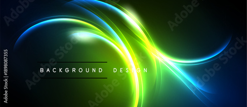 Abstract design features vibrant glowing curves. Green, blue hues dominate dark background. Text reads background design. Dynamic, energetic visual.