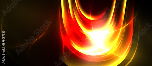 Abstract energy flow, vibrant reds, oranges, yellows. Bright light source dominates center, dark background contrasts beautifully.