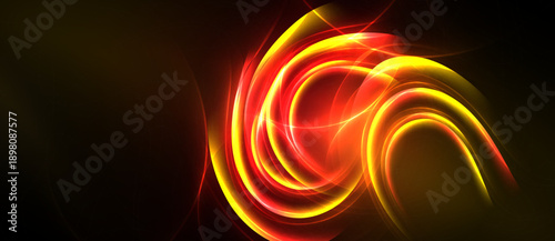 Bright swirling lights dominate dark background. Fiery reds, vibrant yellows create dynamic abstract composition. Energy radiates from central point.