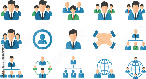 Business Team and Corporate Organization Icon Set Showing Leadership, Collaboration, Partnership, Hierarchy, Global Network, and Professional Workforce Structure Concepts