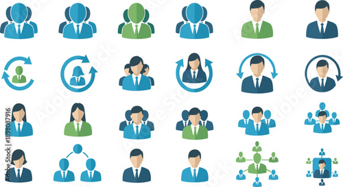 Business Team Management and Employee Rotation Icon Set Illustrating Leadership, Workforce Organization, Collaboration, Human Resources, and Corporate Structure Concepts